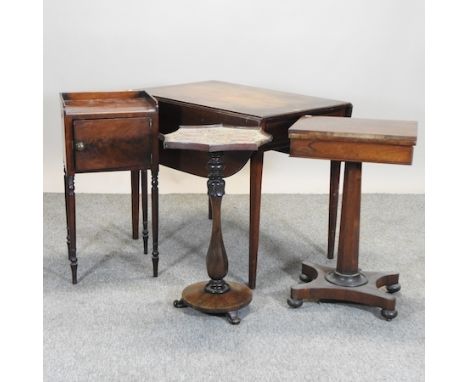 A William IV rosewood side table, 44cm, together with a Victorian rosewood card table, a Victorian mahogany pot cupboard and 