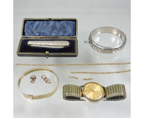 A 9 carat gold flexible bracelet, together with a silver handled fruit knife, cased, a Pulsar wristwatch, a filled silver ban