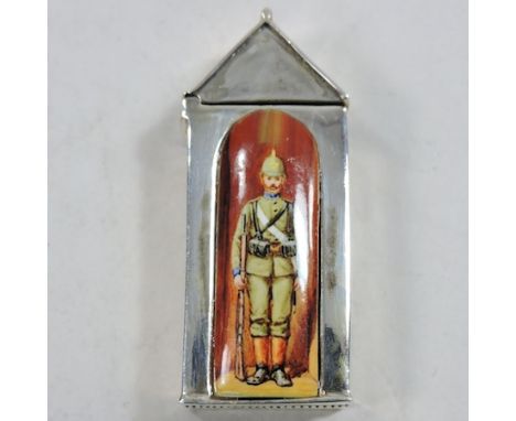 A modern sterling silver and enamel vesta, painted with a soldier, in the form of a sentry box, 6cm high