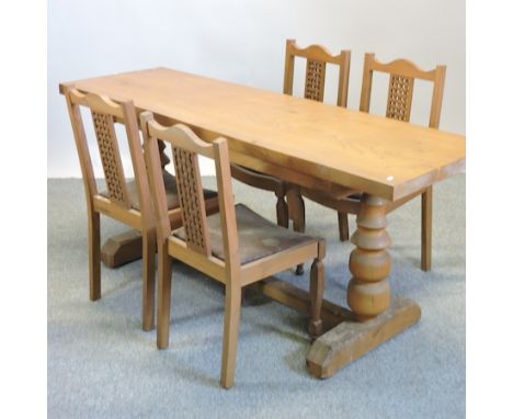 A light oak refectory table, 183 x 58cm, together with a set of four lattice back dining chairs