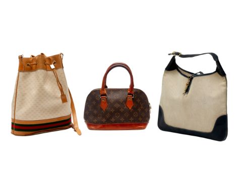 THREE VINTAGE LOUIS VUITTON, GUCCI AND HERMES HANDBAGS Comprising: a Louis Vuitton monogram canvas Alma; a Gucci monogram can
