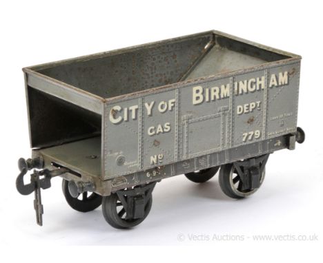 Carette Gauge 1 "City of Birmingham" Gas Department Hopper Wagon.  Couplings have been re-fixed and wagon fitted with cast wh