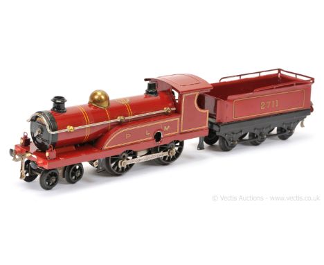 French Hornby O Gauge 4-4-0 Loco and Tender PLM maroon No.2711, clockwork. Loco and tender have been expertly repainted, line