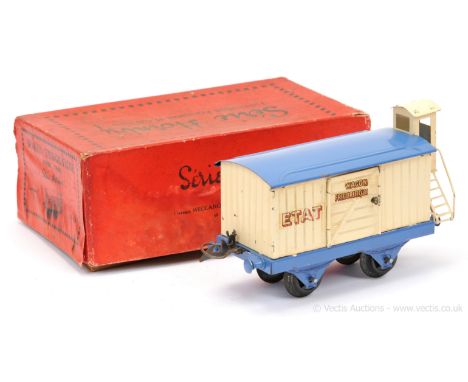 French Hornby O Gauge ETAT Wagon Frigorifique (Refrigerator Van) with white body and gold and red ETAT transfer to one side, 