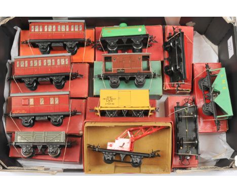 Hornby O Gauge group of post-war Goods and Passenger Rolling Stock consisting of a No.41 Passenger Coach x 2, Brake End Coach