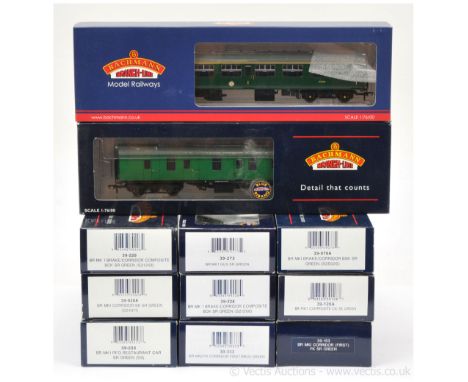 Bachmann OO Gauge a group of BR Mk1 / 2 SR green Passenger Coaches consisting of Ref 39-153 1st Corridor, Ref 39-128A Composi