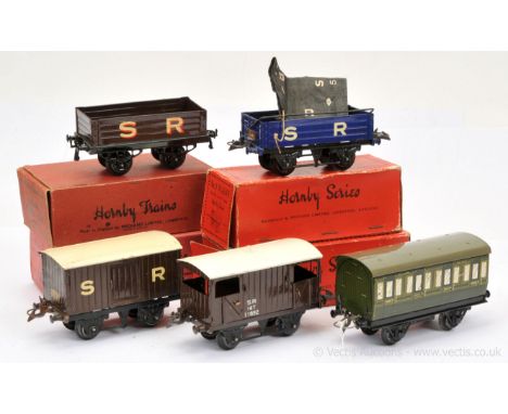 Hornby O Gauge a mixed group of SR Goods and Passenger Rolling Stock consisting of a No.1 Luggage Van version with white lett