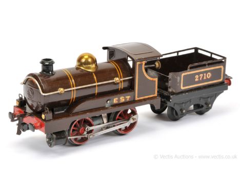 French Hornby O Gauge No.1 0-4-0 Loco and Tender EST brown No.2710, clockwork. Loco with EST lettering to long splashers on b