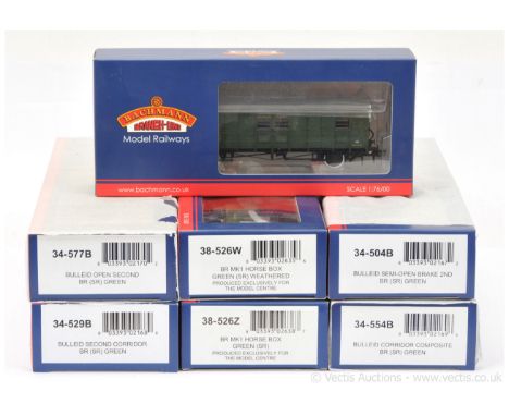 Bachmann OO Gauge group of BR green Bulleid Passenger Coaches and others consisting of Ref 37-577B Open 2nd, Ref 34-529B 2nd 