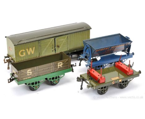 Hornby O Gauge a mixed group of Goods Wagons consisting of an early GW No.2 Luggage Van, white GW lettering to van sides toge