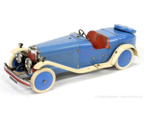 Meccano No.2 Constructor Car built as a Sports Tourer with blue body, white/cream mudguards/running board, replacement white 