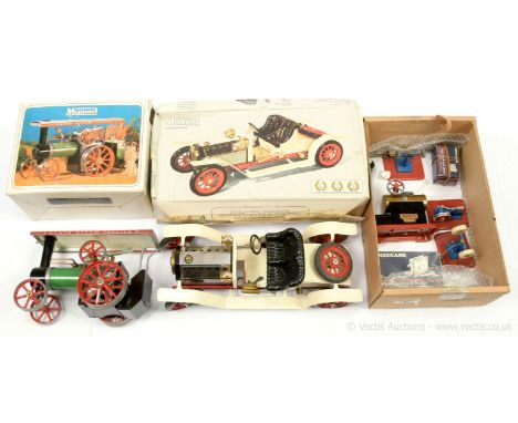 Mamod / Meccano quantity of Live Steam and associated items consisting of a Mamod SA1 Steam Roadster in cream and red, appear
