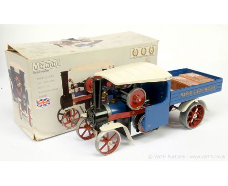 Mamod SW1 Steam Wagon in dark blue and white with Mamod Steam Wagon transfers to sides.  Some light tarnishing to a few metal