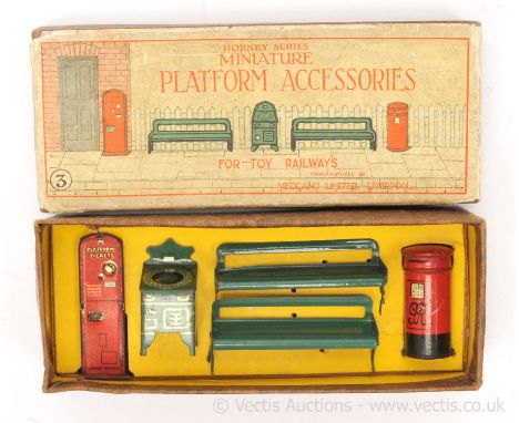 Hornby O Gauge early miniature Platform Accessory Set with 2 x Seats, tin Post Box, Weighing Machine and Platform Ticket Mach