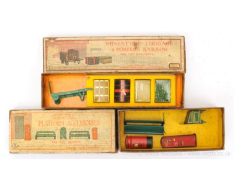 Hornby O Gauge pair of early Station Accessory Sets consisting of miniature Platform Accessories to include 2 x Seats, Tin Po