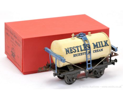 Hornby O Gauge "Nestles" Milk Tank Wagon version with black chassis, some retouching to stanchions otherwise Good Plus in a r