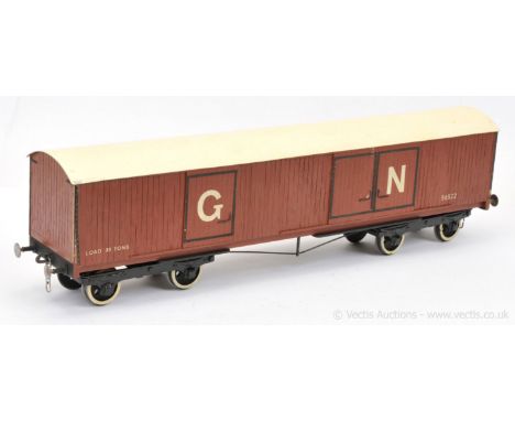 Scratch and Commercially built Gauge 1 Great Northern Railway Bogie Box Van in brown with GN lettering in white to van sides 