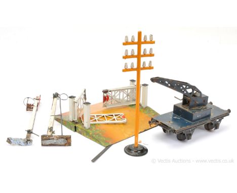 Bing and Marklin Gauge 1 Wagon and Railway accessories consisting of a Marklin 4-wheeled Crane Truck, Bing Level Crossing, Te