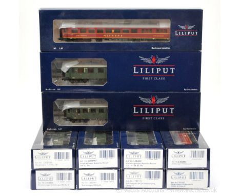 Liliput HO Scale a group of Passenger Coaches consisting of Mitropa Sleeping Cars x 2, two further Sleeping Cars, 7 x All gre