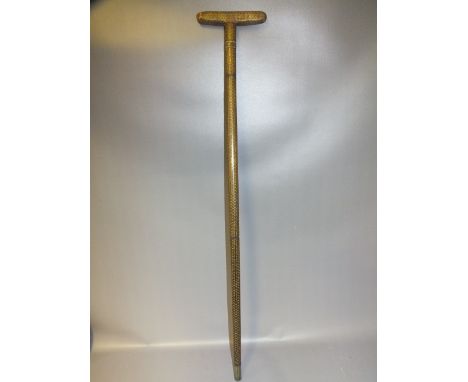 A 19TH CENTURY ANGLO INDIAN WALKING STICK, in the style of Fakir's crutch, profusely inlaid with Sadeli mosaic, L 92 cm