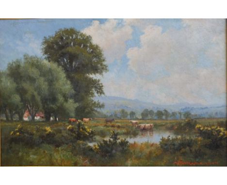 ARTHUR STANLEY WILKINSON (1860-1930). 'Cows on Mitchum Common', signed lower right, oil on canvas, original gilt frame, 30 x 