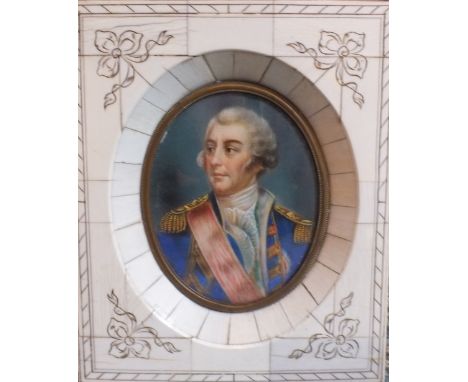 REYNOLDS (XX). Oval portrait plaque miniature on ivorine, Georgian officer in military dress, in decorative ivorine frame, si