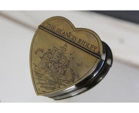 A HEART SHAPED SNUFF BOX, engraved with a tall sail ship and entitled 'The Francis Ridley', W 9 cm