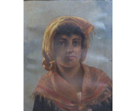 CONTINENTAL SCHOOL (XIX). Portrait of a Continental peasant girl, unsigned, oil on canvas, gilt framed, 30 x 24 cm