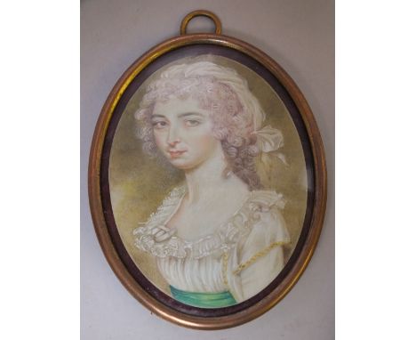 (XIX). British school, oval portrait miniature on ivory of a young woman with white dress and head wear, unsigned, framed and