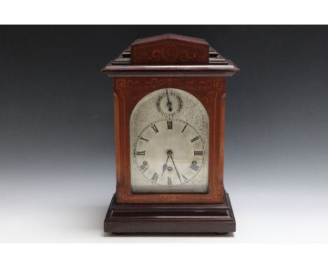A SHERATON REVIVAL MAHOGANY AND MARQUETRY MUSICAL BRACKET CLOCK, with strike/silent dial, H 42.5 cm