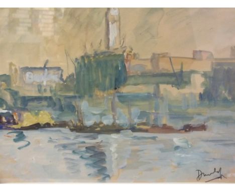 CIRCLE OF RONALD OSSORY DUNLOP (1894-1973). Impressionist stormy industrial river scene, signed lower right, mixed media on p