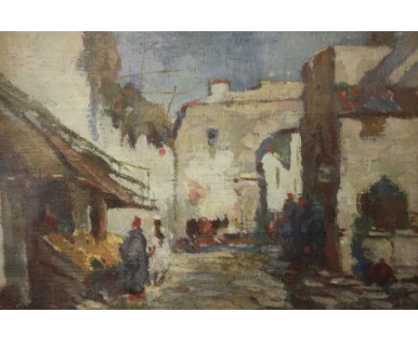 R. PASQUALL ROBINSON (XIX-XX). Scottish school, 'A Moorish Bazaar' with figures, see verso, signed and inscribed on label ver