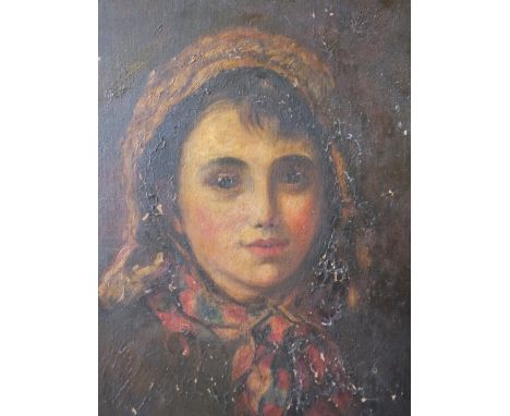(XIX-XX). Head and shoulder portrait study of peasant girl, unsigned, oil on canvas, framed, 49 x 39 cm