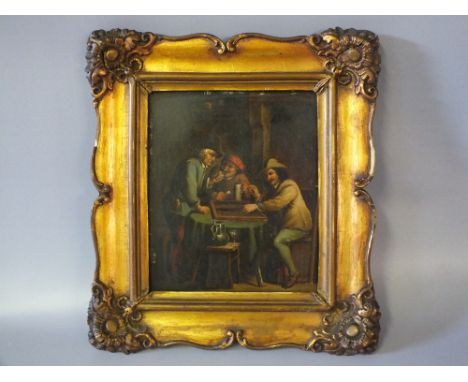 (XIX). Dutch school an inn interior with three men drinking and playing a board game, unsigned, oil on metal, framed, 18 x 51