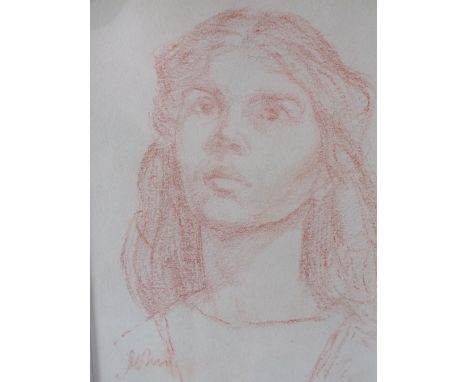 JOHN (XX). Head and shoulder portrait study of a young woman, signed lower left, sepia chalk on paper, framed and glazed, 14 