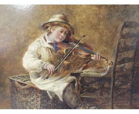 FRED FOOTTIT (XIX). British school, interior scene with peasant boy playing a violin inscribed verso, singed lower right, oil