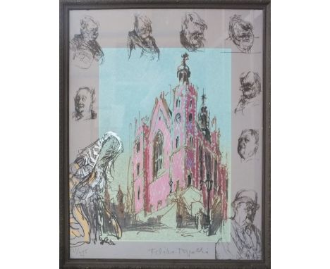FELIKS TOPOLSKI (1907-1989). Polish school, study of a Continental Cathedral with vignettes of various figures to the margin,
