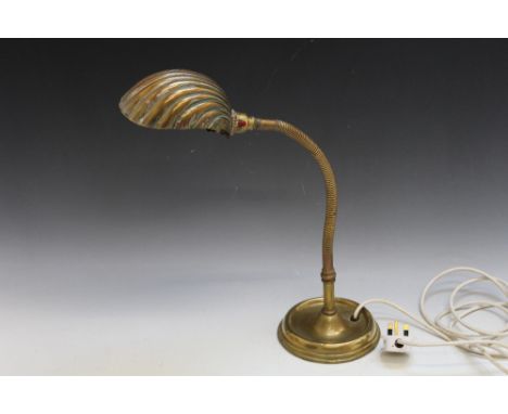 A VINTAGE BRASS SHELL SHADE ADJUSTABLE DESK LAMP, H 58.5 cm approx 