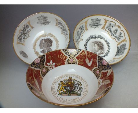 THREE LIMITED EDITION ROYAL WORCESTER LARGE COMMEMORATIVE BOWLS, comprising HM Queen Elizabeth II and HRH Prince Philip Duke 