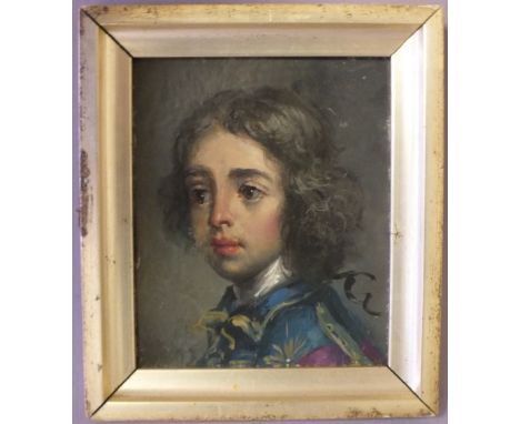 (XIX). A miniature head and shoulder portrait study of a young boy in elegant dress, unsigned, oil on board, framed, 12 x 10 