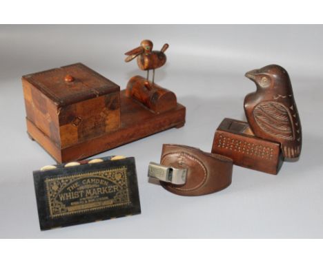AN EARLY 20TH CENTURY 'THE CAMDEN' WHIST MARKER BY GOODALL &amp; SON LTD, together with a carved wooden snuff box, the lid in