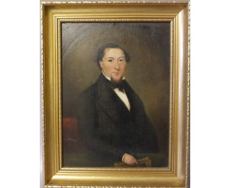 (XIX). Portrait study of a bearded gentleman holding a picture frame, unsigned, oil on board, framed, 29 x 21 cm