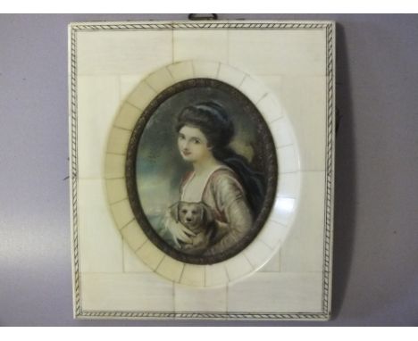 N. ROMNEY (XX). Oval portrait miniature on ivorine, elegant young woman with dog, landscape beyond, in ivorine frame, signed 