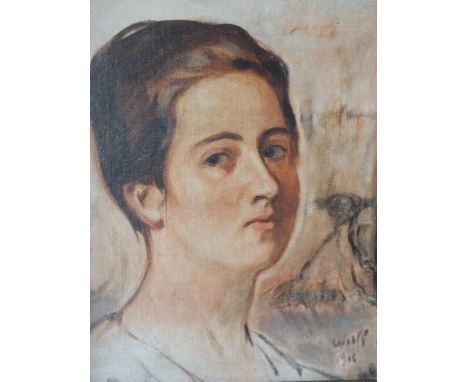WOLFE. Continental school, portrait study of a young woman, signed and dated 1916 lower right, oil on canvas laid on board, f
