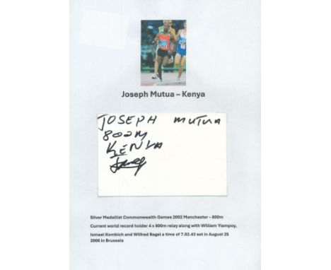 Athletics Joseph Mutua signed 6x4 inch white card affixed to A4 sheet. Good condition. All autographs come with a Certificate