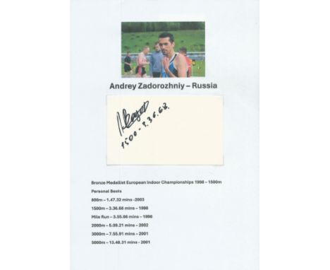 Athletics Andrey Zadorozhniy signed 5x3 inch white card affixed to A4 sheet. Good condition. All autographs come with a Certi