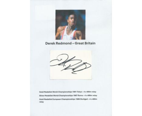 Athletics Derek Redmond signed 4x3 inch white card affixed to A4 photo sheet. Good condition. All autographs come with a Cert