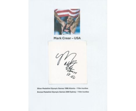 Athletics Mark Crear signed 4x4 inch white card affixed to A4 photo sheet. Good condition. All autographs come with a Certifi