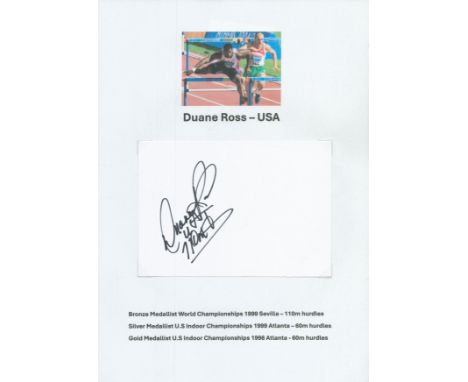 Athletics Duane Ross signed 6x4 inch white card affixed to A4 photo sheet. Good condition. All autographs come with a Certifi