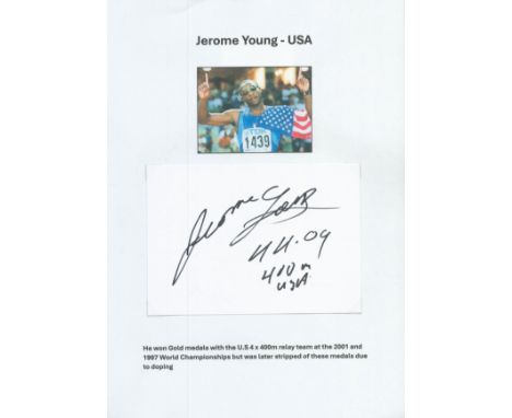 Athletics Jerome Young signed 6x4 inch white card affixed to A4 sheet. Good condition. All autographs come with a Certificate